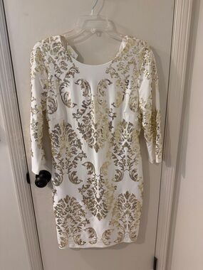 B Darlin White Dress with Gold Sequin Damask Accents
